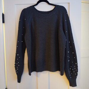 Black Tape_ Charcoal Gray Knit Sweater With White Pearl Beads on Sleeves